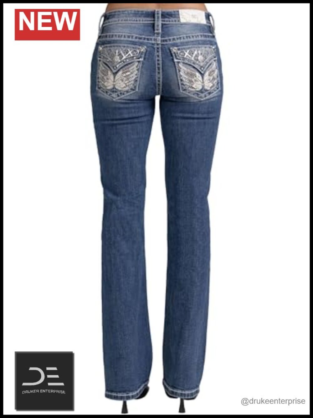 Mid Rise Bootcut Jeans with Embroidered Wings and Rhinestone Embellishments,